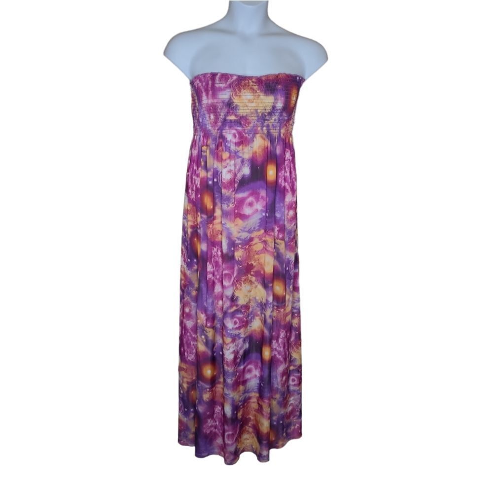 CONNECTION 18 shirred top strapless galaxy space maxi dress S